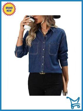 Plus Size Snap Button Denim Shirt Long Sleeve Button Down Blouse